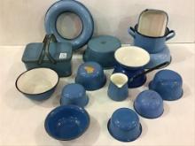 Lg. Group of Blue & White Enamelware Pieces