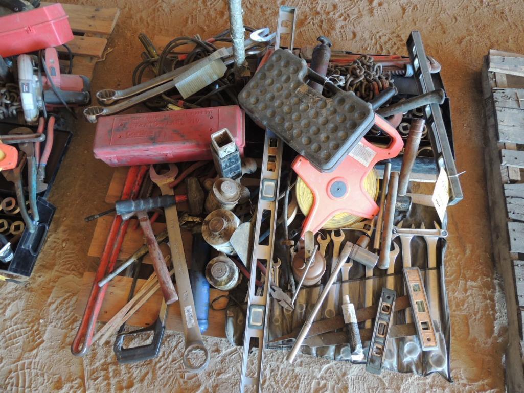 LOT: Wrenches, Hammers, Pliers, Levels, Tape Measure, Hack Saw, Socket Set, Pipe Wrenches