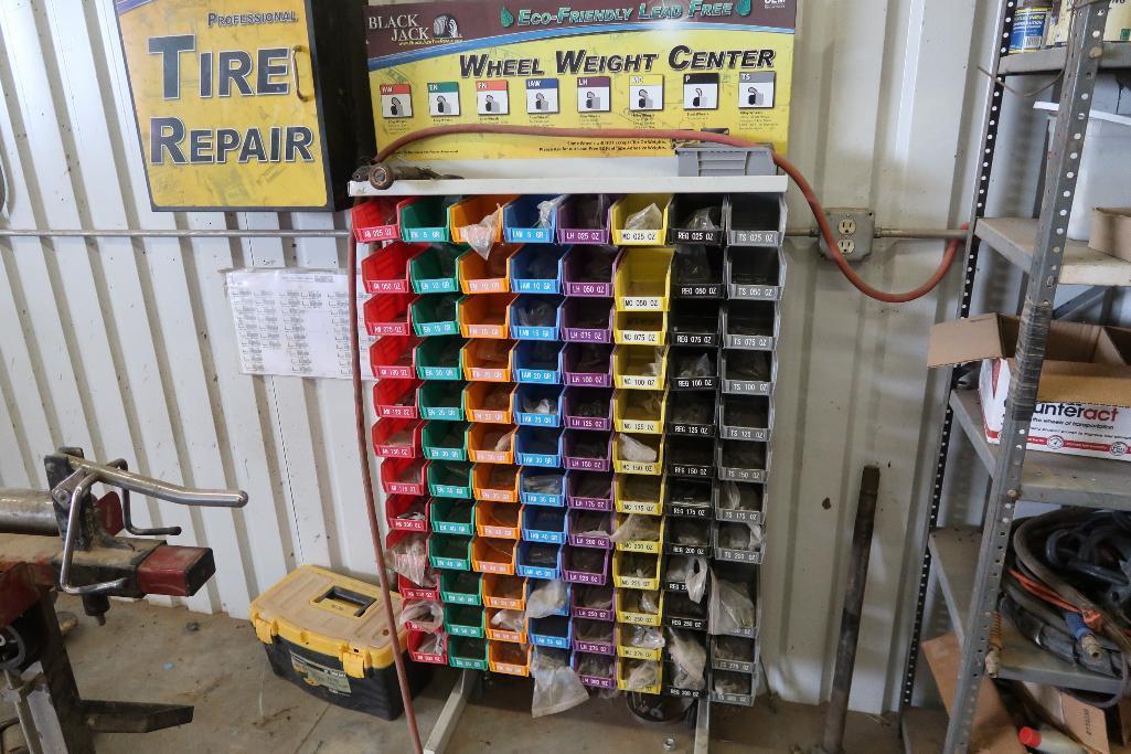 LOT: Wheel Weight Center, Tire Stand, Shelving & Contents