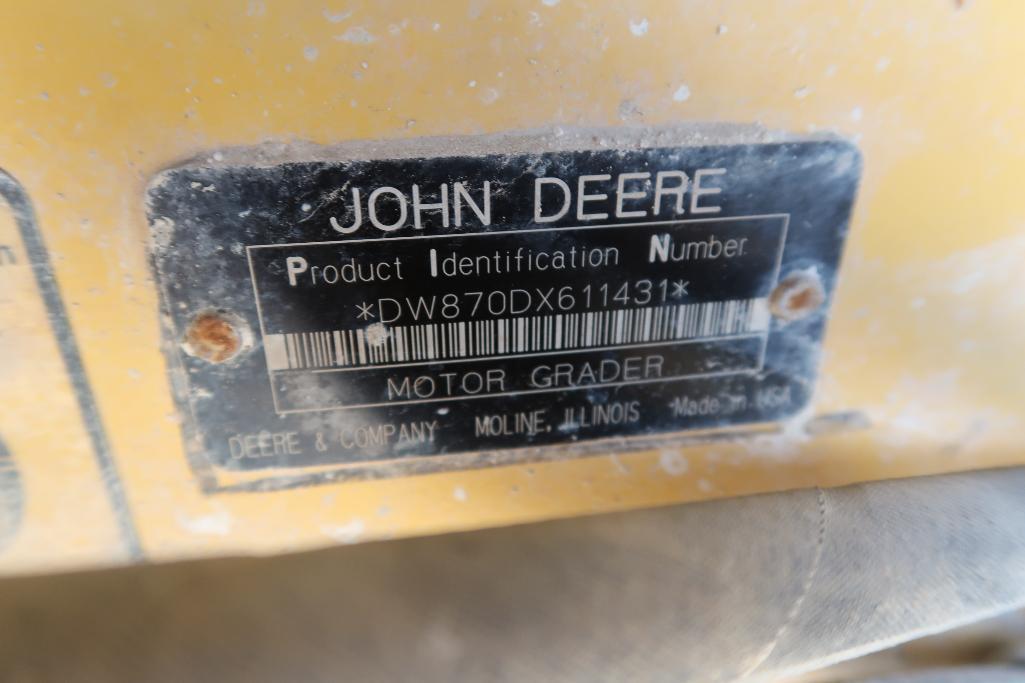 2007 John Deere Motor Grader Model 870D, S/N DW870DX611431, with Ripper (10,340 hours indicated)