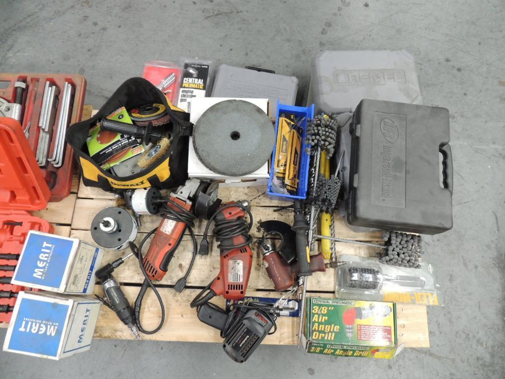 LOT: Milwaukee Angle Grinder, Drill 110 Volt, Die Grinder/ Angle Drill Pneumatic, Drill Bits, Hones,
