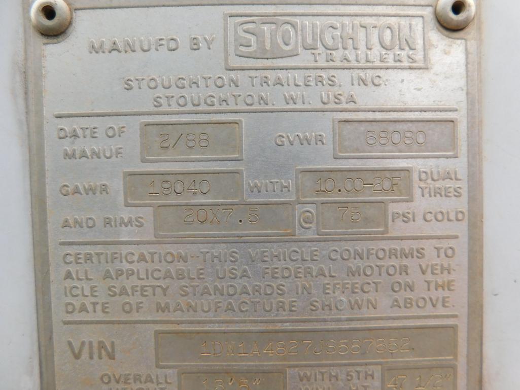 1988 Stoughton 47.5' Trailer Dry Van, Model: ASVW-485T-S-C, 68,080 GVWR, VIN 1DW1A4827JS587652