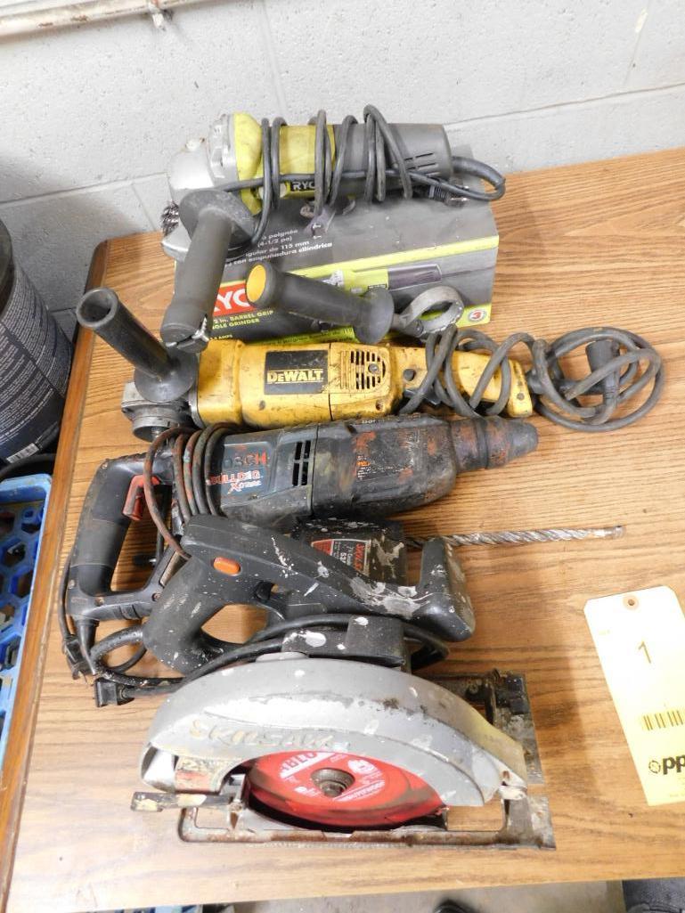 LOT: (2) Angle Grinders, Bosch Bulldog Extreme Hammer Drill, Skilsaw Circular Saw