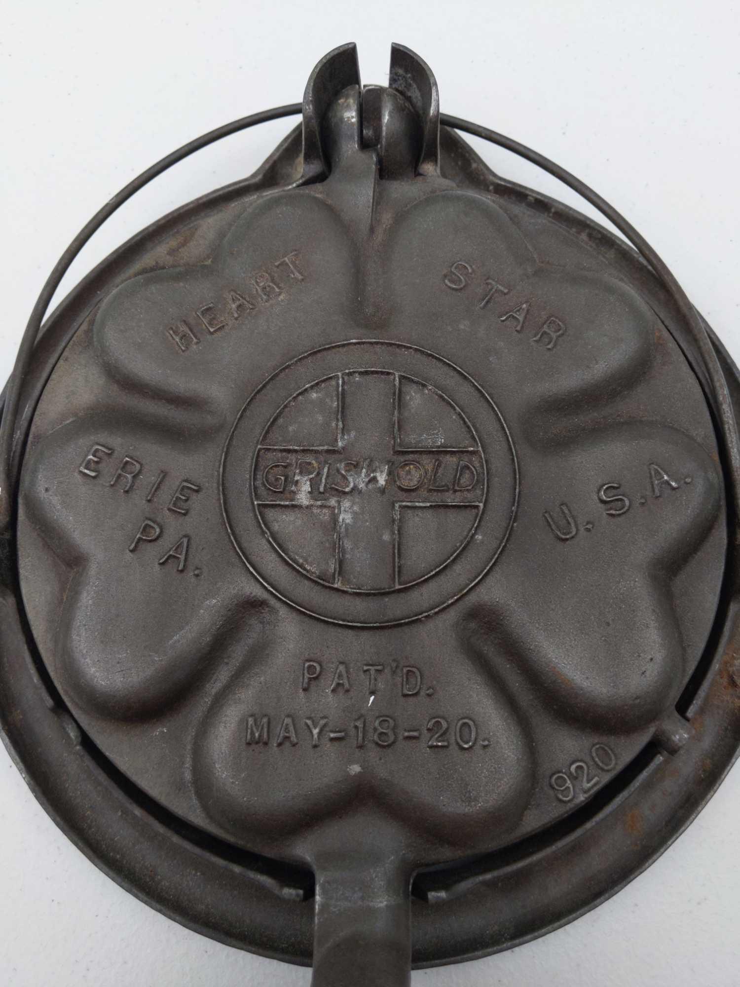 Griswold Heart & Star No. 18 Erie, PA USA Pat'd May - 18 - 20 (919, 920, 913A) Waffle Iron