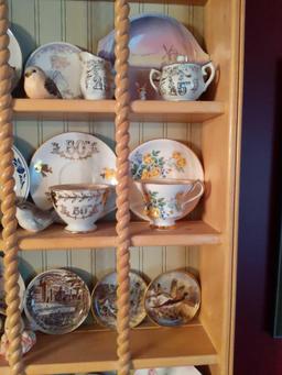 Combination Collection of Tea Cups , Plates, Birds, Bunny Salt and Pepper with Shelf. 30"x24"