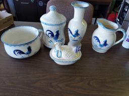 Chicken, Hen, Blue Rooster Canister, Vase & Pitcher Lot