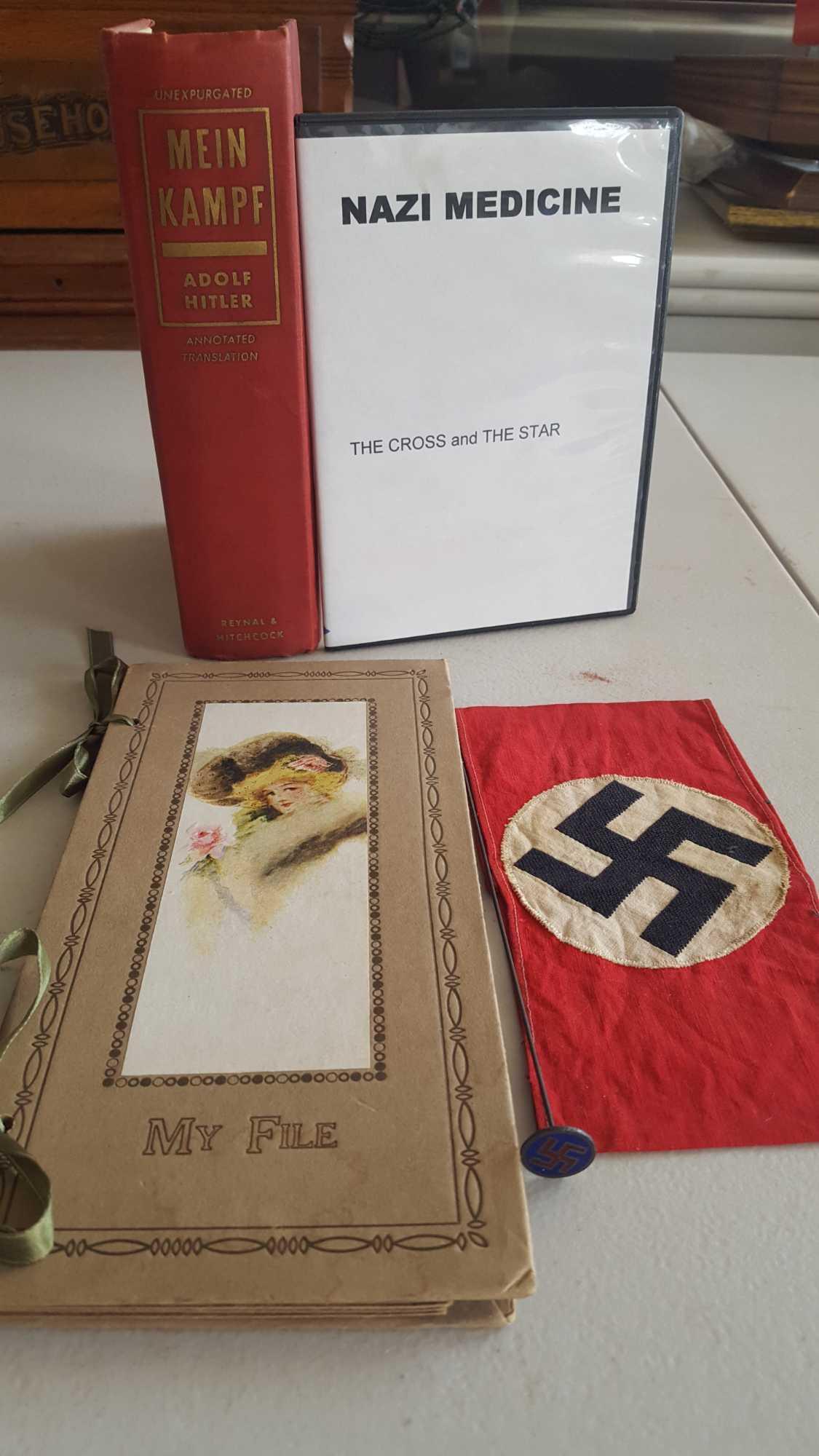 Mein Kampf book, My File notebook, Nazi arm band, hat pin & DVD Nazi Medicine