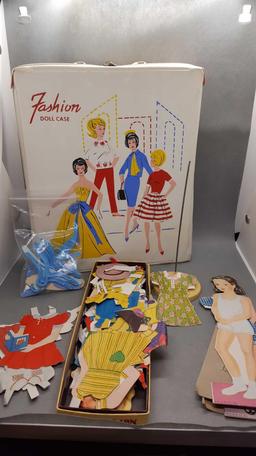 Barbie case, stand, paper dolls & variety of clothes & hangers