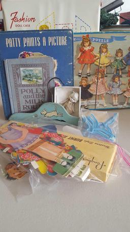 Barbie case, stand, paper dolls & variety of clothes & hangers