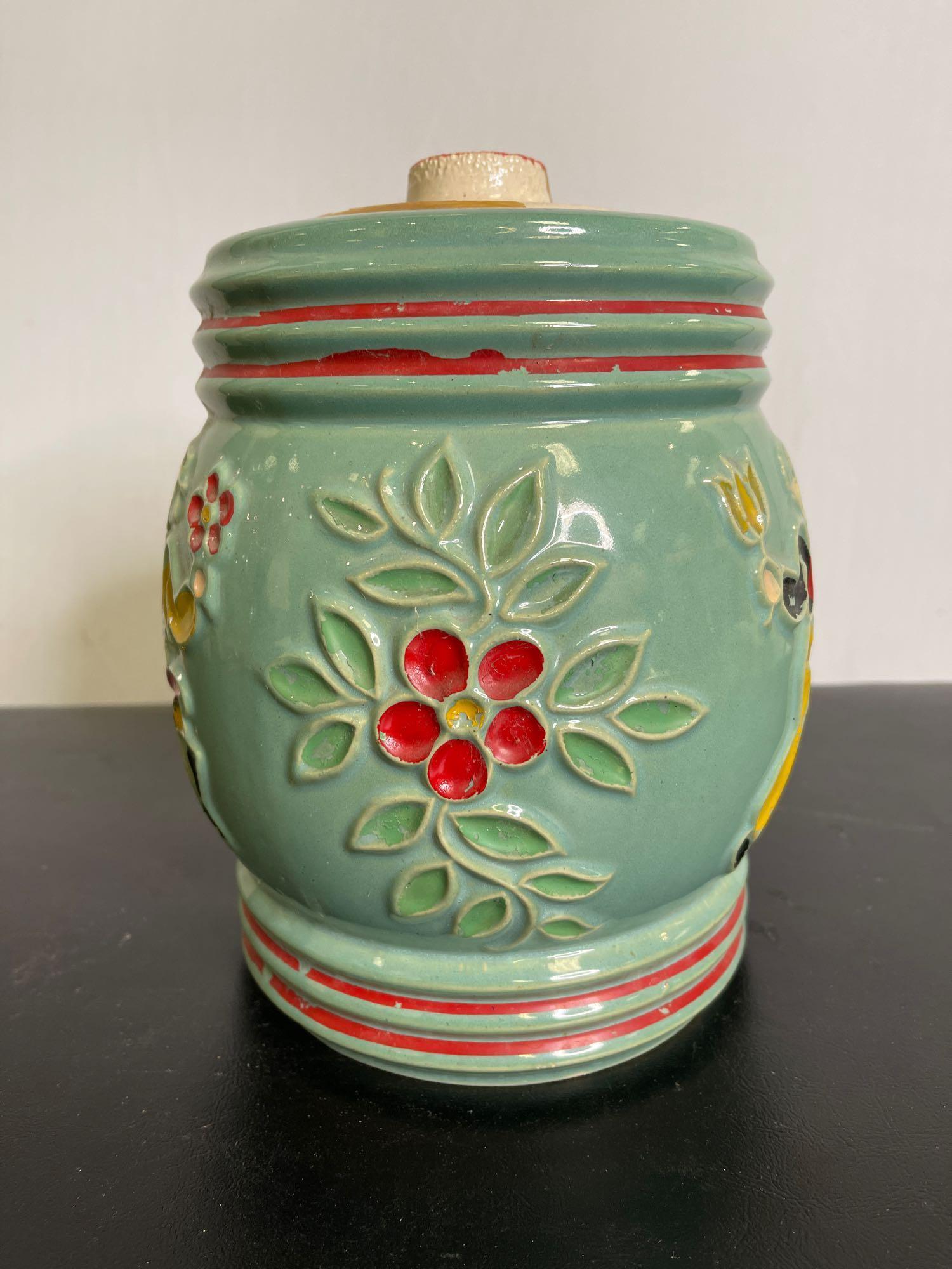 Vintage Red Wing Dutch Dancing Peasants Cookie Jar, lid repaired, 8.5" tall