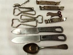 ASSORTED CAN AND BOTTLE OPENERS AND SPOON AND METAL KNIVES