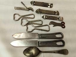 ASSORTED CAN AND BOTTLE OPENERS AND SPOON AND METAL KNIVES