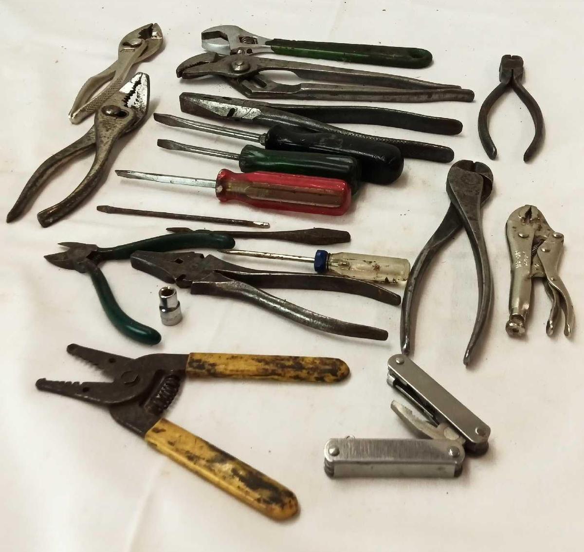 ASSORTED TOOLS LOT - WRENCHS, PLIERS, SCREW DRIVERS