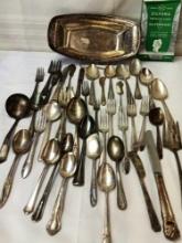 SILVER PLATED ASSORTED FLAT WARE AND TRAY 12"