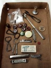 ASSORTED VINTAGE BOTTLE OPENERS, BOTTLE CAPS, AND MISCELLANEOUS ADVERTISING ITEMS