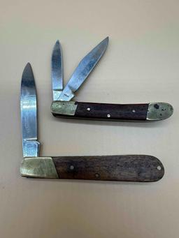 2 WOODEN HANDLE KNIVES, ONE WITH 2 BLADES