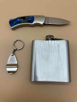 CHOPPER COLLECTOR SET WITH KNIFE, FLASK, AND KEYCHAIN WITH BOTTLE OPENER