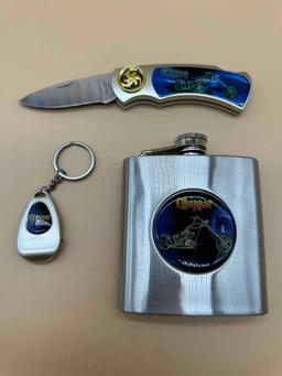 CHOPPER COLLECTOR SET WITH KNIFE, FLASK, AND KEYCHAIN WITH BOTTLE OPENER