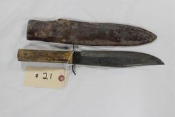 G.C. Co., Solingen, Germany Bowie Knife #443, Stag Handles, 13", with Leather Sheath