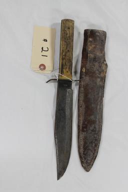 G.C. Co., Solingen, Germany Bowie Knife #443, Stag Handles, 13", with Leather Sheath