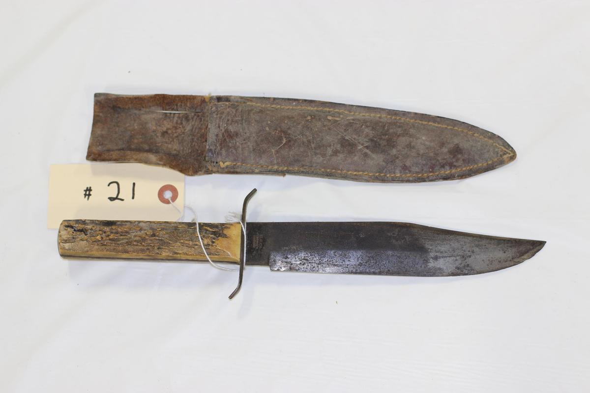 G.C. Co., Solingen, Germany Bowie Knife #443, Stag Handles, 13", with Leather Sheath