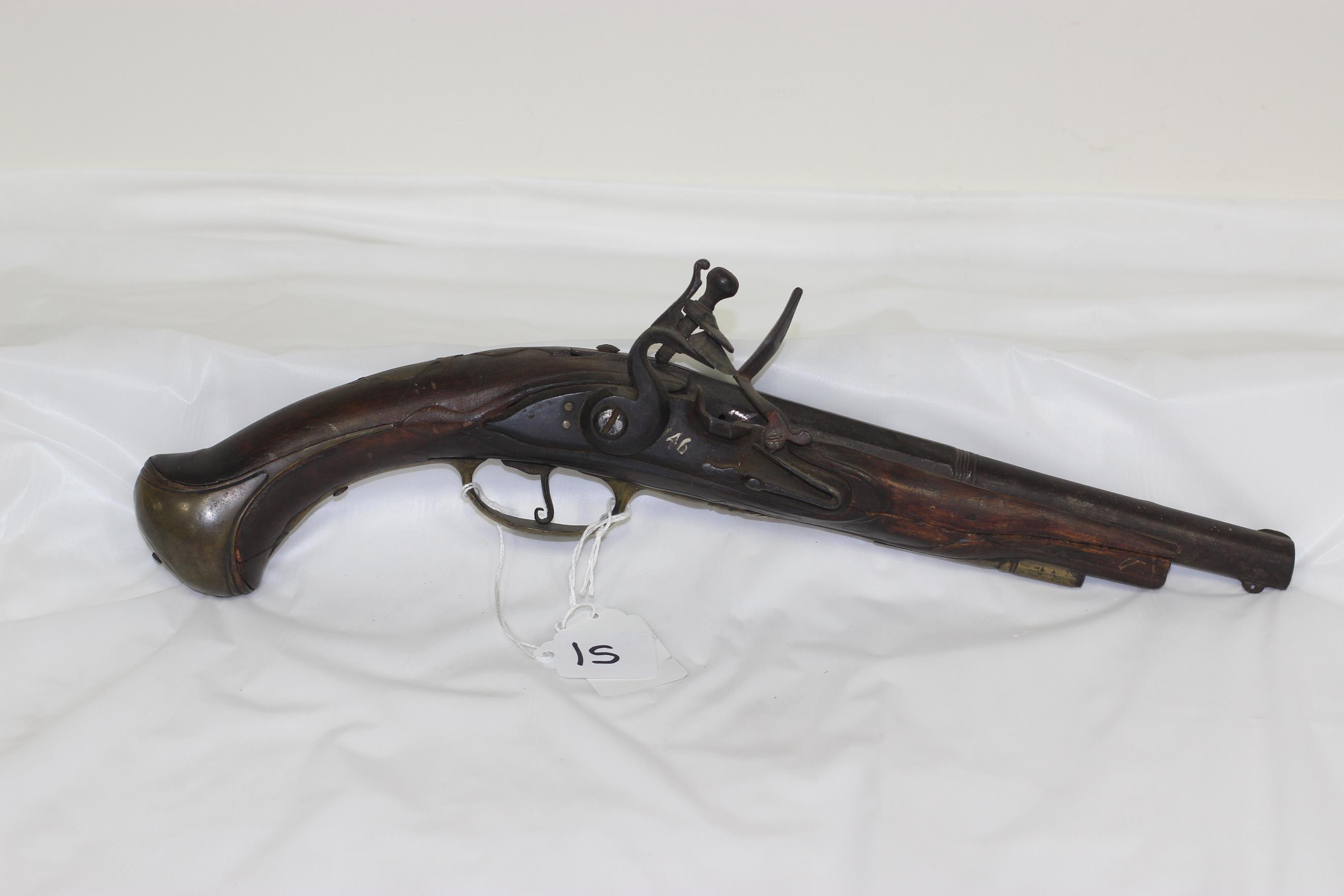 #15-EARLY .68 CAL FLINTLOCK PISTOL (MISSING NOSE CAP AND RAMROD)