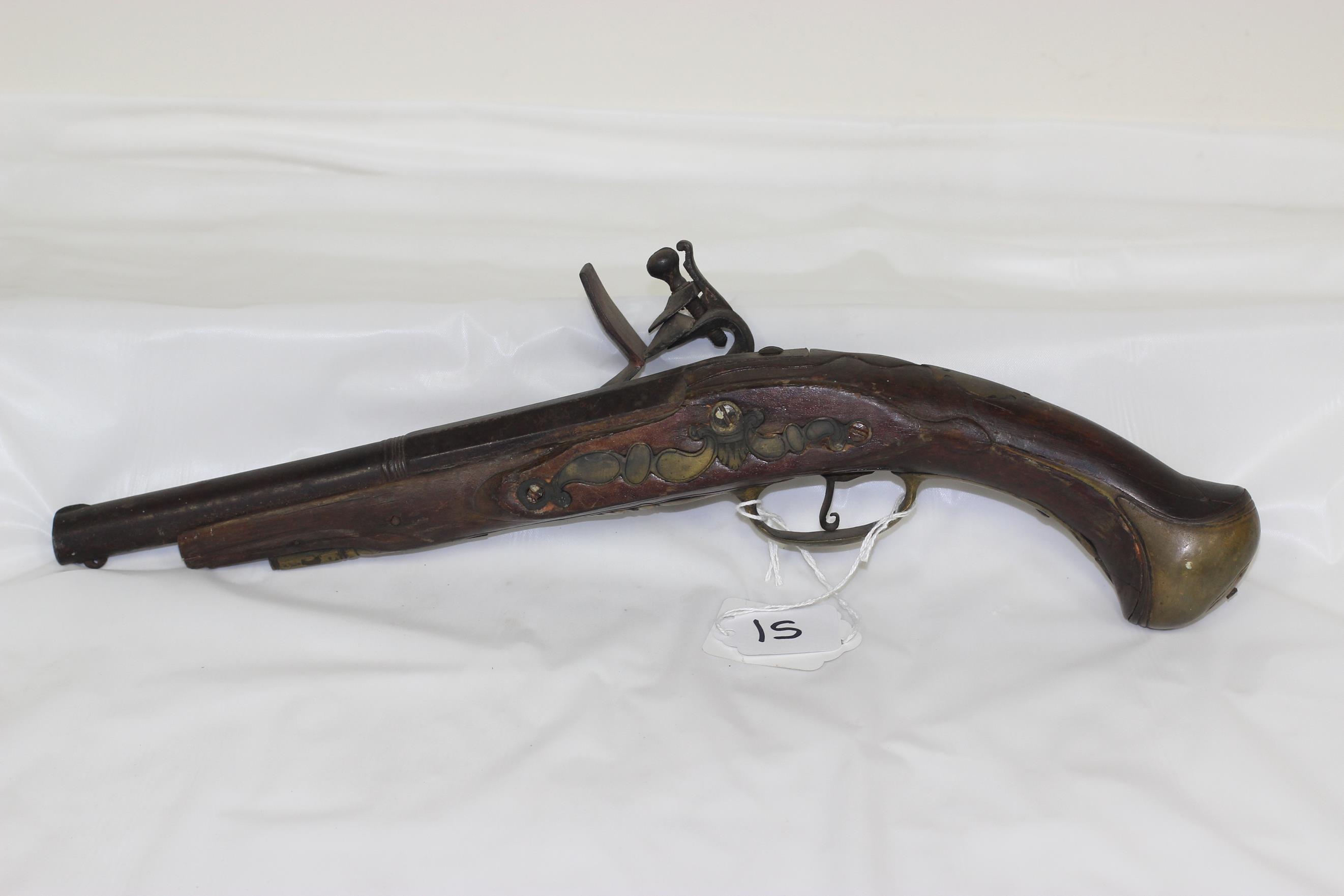 #15-EARLY .68 CAL FLINTLOCK PISTOL (MISSING NOSE CAP AND RAMROD)
