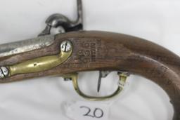 #20-EARLY 1833 .76 CAL PERCUSSION PISTOL, STOCK STAMPED ON LEFT SIDE "936 MUTZIG"