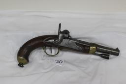 #20-EARLY 1833 .76 CAL PERCUSSION PISTOL, STOCK STAMPED ON LEFT SIDE "936 MUTZIG"