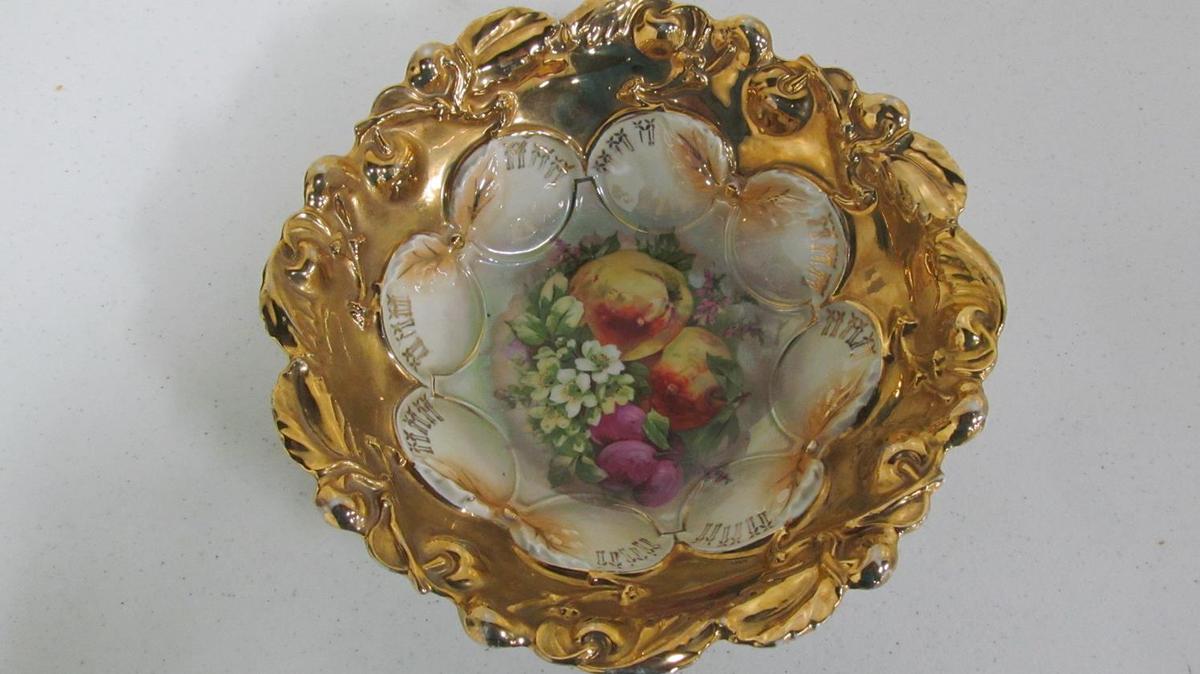 9.75" German floral pattern serving bowl with gold decoration