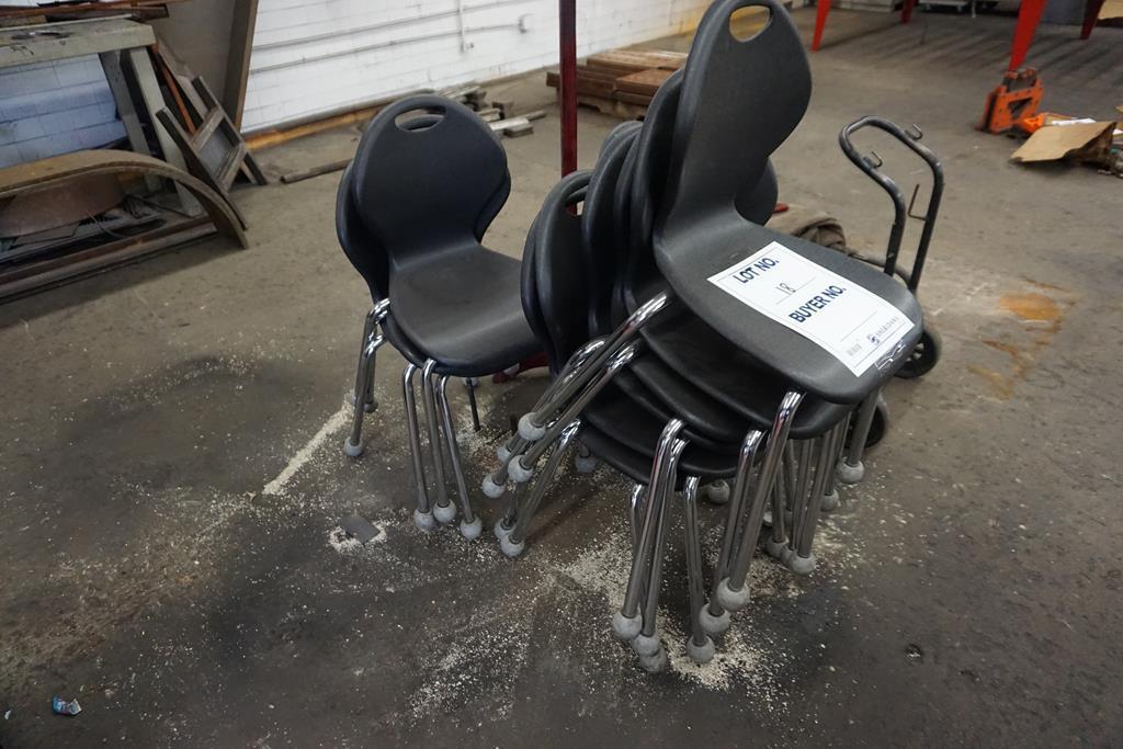 (10) BLACK PLASTI CHAIR, WELDING CART, COAT RACK