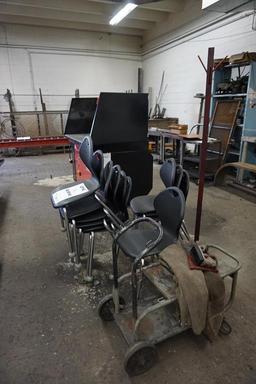 (10) BLACK PLASTI CHAIR, WELDING CART, COAT RACK