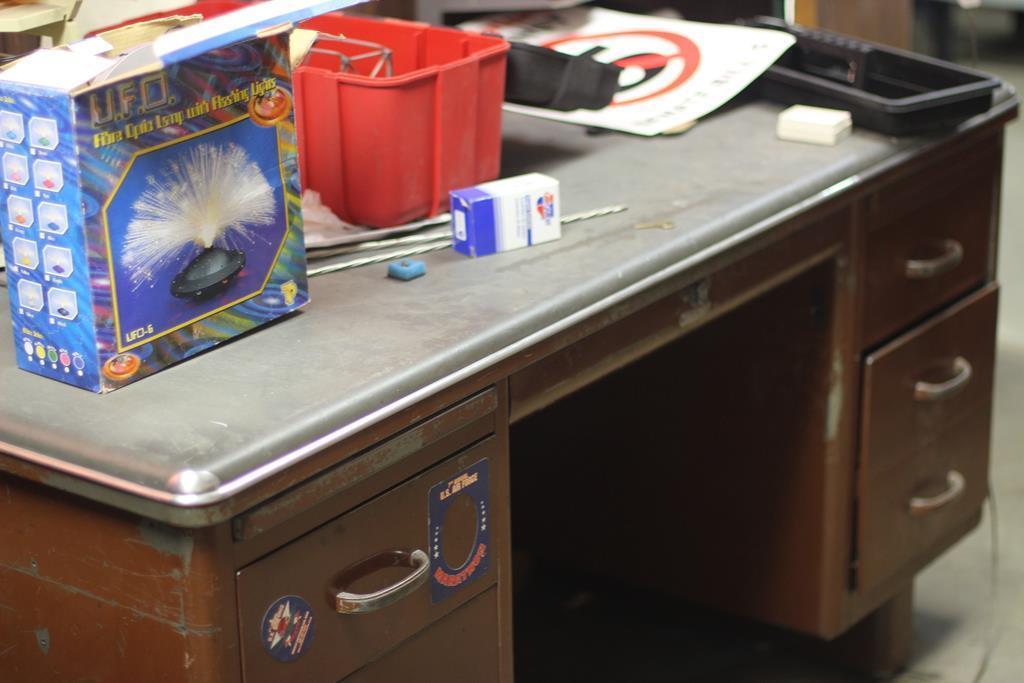 CONTENTS OF WELDING OFFICE; HOMEMADE STAINLESS STEEL TOOL BOX; HEAVY SHELVING 8' LONG; HOMEMADE MET