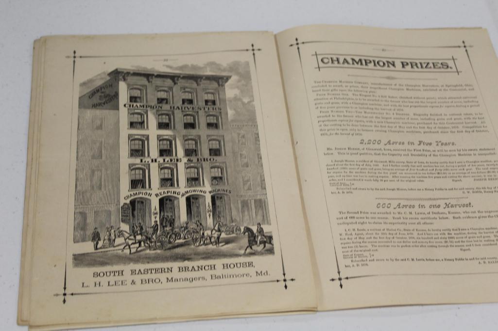 1877 CHAMPION HARVESTERS CATALOGUE WITH SEVERAL EARLY FACTORY & EQUIPMENT I