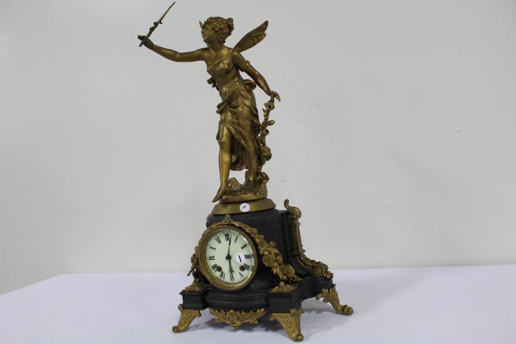 ANSONIA C. 1904 OYLMPIAN AND CHLORIS MANTLE CLOCK, 24H X 15.5W