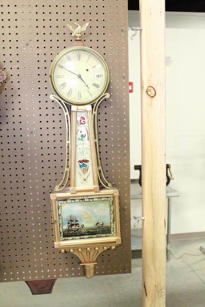 EARLY UNSWORTH BANJO CLOCK WITH REVERSE PAINTED TABLETS DEPICTING SHIP, AND