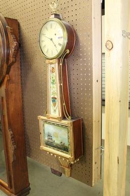 EARLY UNSWORTH BANJO CLOCK WITH REVERSE PAINTED TABLETS DEPICTING SHIP, AND