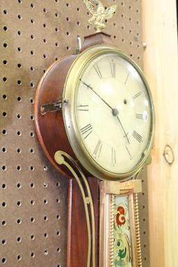 EARLY UNSWORTH BANJO CLOCK WITH REVERSE PAINTED TABLETS DEPICTING SHIP, AND