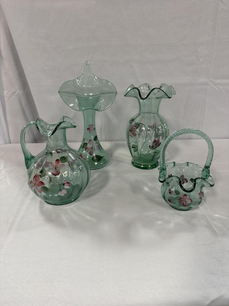 (4) PCS. HAND-PAINTED FENTON GREEN GLASS INCLUDING PITCHER, BASKET, VASES,