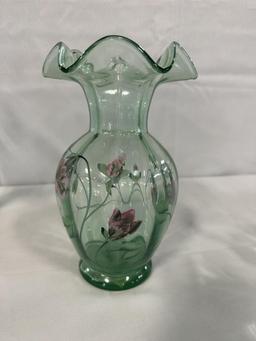 (4) PCS. HAND-PAINTED FENTON GREEN GLASS INCLUDING PITCHER, BASKET, VASES,