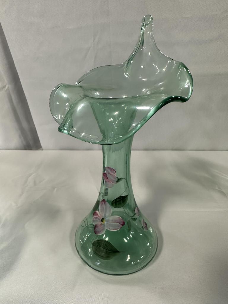 (4) PCS. HAND-PAINTED FENTON GREEN GLASS INCLUDING PITCHER, BASKET, VASES,