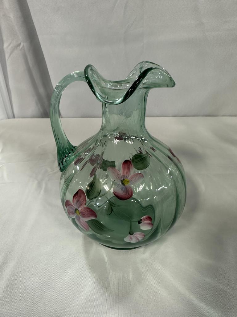 (4) PCS. HAND-PAINTED FENTON GREEN GLASS INCLUDING PITCHER, BASKET, VASES,