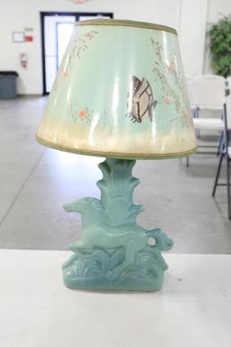 VAN BRIGGLE HORSE-SHAPED LAMP WITH ORIGINAL BUTTERFLY SHADE, 16"