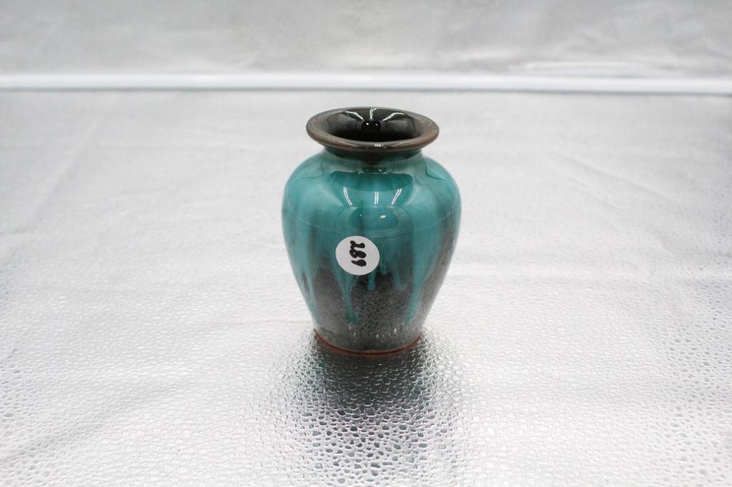 SMALL REDWARE ARTS & CRAFTS VASE WITH DRIP GLAZE, 4.25"