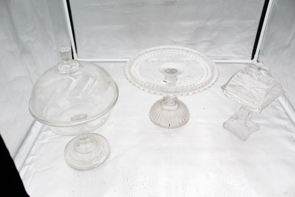 (2) PATTERN GLASS COMPOTES AND CAKE STAND