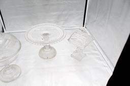 (2) PATTERN GLASS COMPOTES AND CAKE STAND