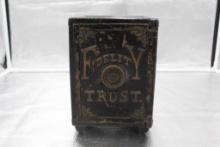 FIDELTY TRUST, CAST IRON SAFE BANK, HART MANUFACTURING CO., 6.25" X 6" X 8"