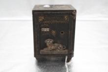 WATCH DOG CAST IRON BANK, BY STEVENS CO., CRACK TO DOOR, MISSING ONE HANDLE