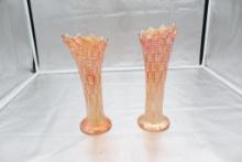 (2) DUGAN CARNIVAL GLASS BASKET WEAVE VASES