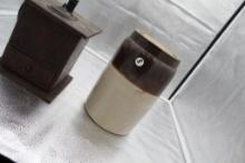 STONEWARE JAR WITH CHIPPED LID, NICE COFFEE GRINDER